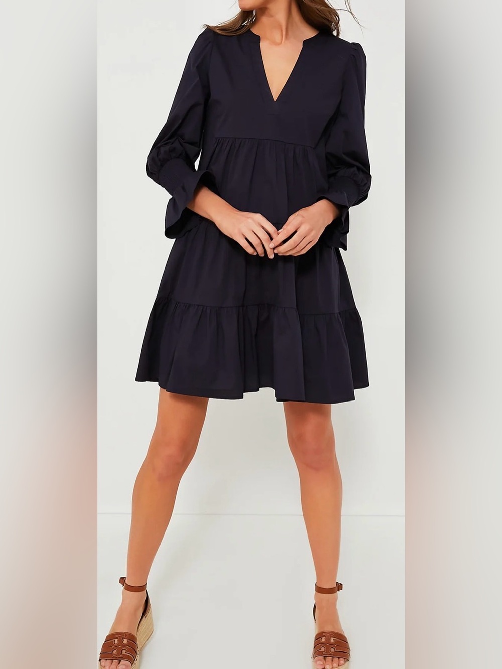 Tuckernuck Pomander Place Navy Blue Lightweight Poplin Tiered Dress Size M